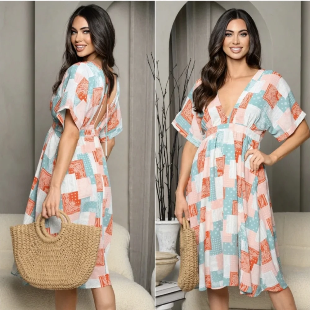 Gorgeous Patchwork Mid-length Jade and Tomato Spring and Summer Dress w/Pockets - Picture 2 of 4